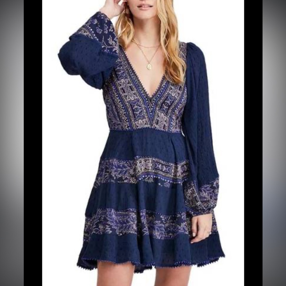 Free People Navy Blue Printed Mini Dress